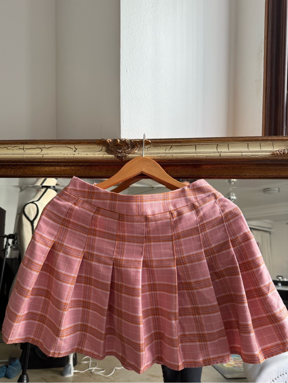 Pink Plaid Pleated Circle Skirt